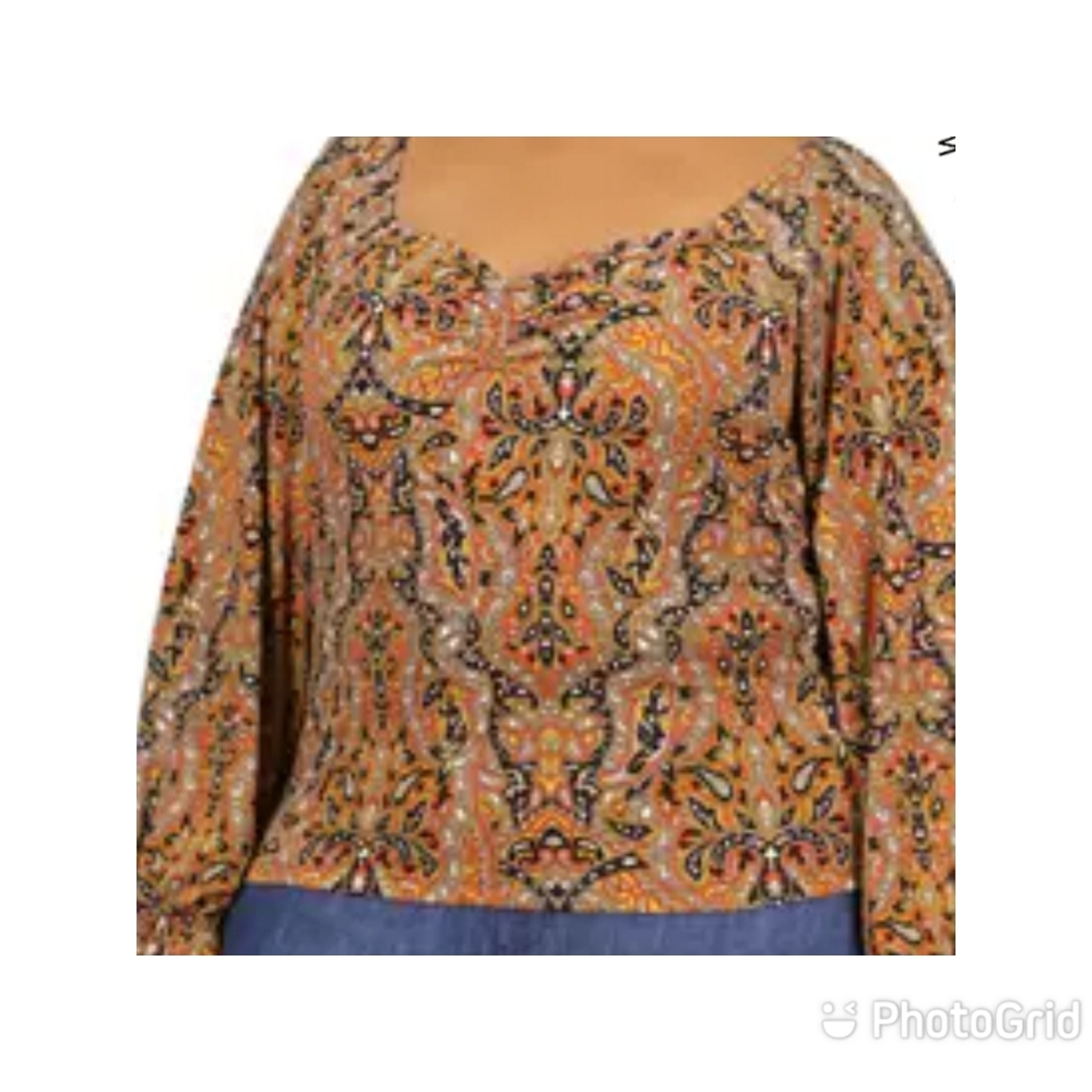 New Michael Kors Plus Size Long Sleeve Paisley Ruched Knit Top